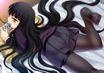  ass bed black_hair controller feet female_protagonist_(houkago_play) game_controller gamepad houkago_play kouki_kuu long_hair lowres lying pantyhose playing_games solo very_long_hair video_game yellow_eyes 