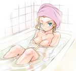  aqua_eyes bath bathing bathtub blonde_hair blue_eyes blush breast_hold breasts copyright_request covering frown hair_up large_breasts minato_fumi nude one_eye_closed solo towel water 