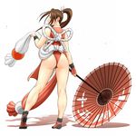  ass back bad_id bad_pixiv_id brown_eyes brown_hair ex_hk fatal_fury from_behind highres long_hair oriental_umbrella parasol pelvic_curtain ponytail revealing_clothes rope shadow shiranui_mai solo the_king_of_fighters umbrella 