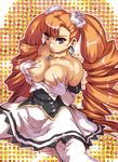  arcana_heart arcana_heart_2 breasts cleavage covering covering_breasts dress drill_hair earrings elbow_gloves flower gloves hair_flower hair_ornament halftone halftone_background hisahiko jewelry large_breasts long_hair necklace orange_hair petra_johanna_lagerkvist purple_eyes shiny sitting solo sweatdrop thighhighs topless twin_drills very_long_hair 