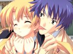  1girl blonde_hair blue_hair blush chaos;head close-up closed_eyes ear_licking game_cg grey_eyes hair_ribbon hug licking long_hair matsuo_yukihiro nishijou_takumi orihara_kozue ribbon saliva school_uniform short_hair tongue twintails wince 