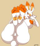  2019 3_toes anthro anthrofied big_breasts breasts butt female foot_focus fur lagomorph looking_at_viewer lying mammal nintendo nipples nude on_back open_mouth orange_eyes orange_fur pok&eacute;mon pok&eacute;mon_(species) pok&eacute;morph presenting presenting_pussy pussy scorbunny simple_background smile solo teeth toes tongue video_games white_fur zp92 