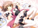  blush brown_eyes fork frills frilly happy lace lying maid short_hair thighhighs 