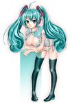  bent_over bikini blue_eyes blue_hair breasts cleavage hatsune_miku large_breasts legs long_hair maruyama necktie side-tie_bikini smile solo striped striped_bikini striped_swimsuit swimsuit thighhighs twintails vocaloid 