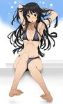  adjusting_hair akiyama_mio armpits barefoot bikini black_eyes black_hair blush breasts feet isse k-on! large_breasts legs long_hair mouth_hold navel polka_dot polka_dot_bikini polka_dot_swimsuit soles solo swimsuit toenails toes underboob 