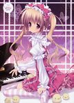  absurdres blonde_hair character_request copyright_request dress hairband highres instrument lingerie lolita_fashion lolita_hairband mini_piano morinaga_korune petticoat piano pink_eyes scan solo striped striped_legwear thighhighs twintails underwear 