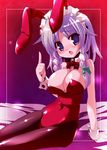  animal_ears blush braid breasts bunny_ears bunnysuit costume izayoi_sakuya large_breasts miuku_(marine_sapphire) pantyhose ribbon short_hair silver_hair solo touhou twin_braids 