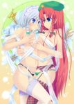  areolae bad_id bad_pixiv_id blue_eyes blush braid breasts flower g-string garter_belt hair_ribbon hat hong_meiling hug izayoi_sakuya kirise_mitsuru large_breasts lingerie long_hair maid_headdress multiple_girls panties red_hair ribbon short_hair silver_hair thighhighs thong topless touhou twin_braids underwear underwear_only yuri 