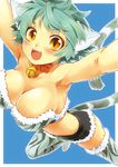  animal_ears aqua_hair armpits arms_up bell bell_collar blush breasts brown_eyes cat_ears cat_tail cleavage collar jingle_bell kayou_(kayou-bi) large_breasts original short_hair shorts slit_pupils smile solo tail thighhighs yellow_eyes 