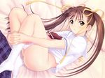  blush brown_eyes brown_hair hair_ribbon long_hair lying ribbon school_uniform taka_tony tanaka_takayuki thighhighs uniform 