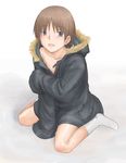  blue_eyes blush brown_hair collarbone copyright_request kneeling minato_fumi oversized_clothes socks solo 