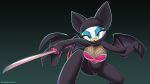  big_breasts breasts chiropteran cleavage clothed clothing female fully_clothed katana looking_at_viewer mammal melee_weapon ninja omegasunburst rouge_the_bat simple_background solo sonic_(series) sword weapon wings 