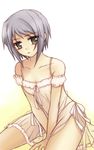  kazui lingerie nagato_yuki purple_hair see-through short_hair sitting solo suzumiya_haruhi_no_yuuutsu underwear yellow_eyes 