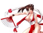  breasts brown_eyes brown_hair cleavage fan fatal_fury folding_fan large_breasts long_hair one_eye_closed pelvic_curtain ponytail revealing_clothes shiranui_mai solo the_king_of_fighters 