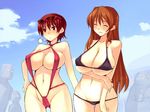  blush breasts brown_hair huge_breasts multiple_girls smile sunglasses swimsuit 