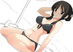  akiyama_mio alternate_hairstyle bikini black_bikini black_eyes black_hair blush date_(senpen) dutch_angle folded_ponytail front-tie_top hair_up hand_behind_head hime_cut k-on! long_hair looking_at_viewer partially_colored shy simple_background sitting solo staring swimsuit wariza 