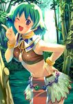  bare_shoulders belt blush bracelet breasts brown_eyes choker cleavage crop_top day forest green_hair hand_on_hip jewelry koutaro large_breasts leaning_forward loincloth midriff morgan_(tears_to_tiara) nature navel one_eye_closed open_mouth outdoors ribbon short_hair skirt smile solo tears_to_tiara tree 