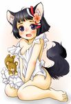  animal_ears apron barefoot blush copyright_request dog_ears dog_tail fangs feet flower naked_apron setouchi_kurage short_hair sitting solo stuffed_animal stuffed_toy tail teddy_bear 