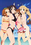  absurdres akiyama_mio barefoot beach bikini black_bikini black_eyes black_hair blonde_hair blue_eyes blush breast_press breasts brown_eyes brown_hair day eyebrows highres hirasawa_yui horiguchi_yukiko k-on! kotobuki_tsumugi long_hair medium_breasts multiple_girls navel nyantype official_art open_mouth outdoors scan short_hair small_breasts smile striped striped_bikini swimsuit symmetrical_docking tainaka_ritsu tomboy v water white_bikini 