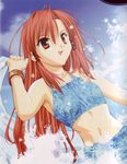  bikini bracelet brown_eyes carmine_rhodonite cloud hair_ornament jewelry long_hair red_hair sarong sarong_removed sky smile solo splashing swimsuit tankini tenhiro_naoto white_sarong world's_end 