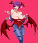  alternate_breast_size animal_print bare_shoulders bat_print bat_wings breasts cleavage covered_nipples demon_girl detached_sleeves elbow_gloves gloves head_wings heart huge_breasts kon_(kdash) leotard lilith_aensland one_eye_closed pantyhose pink_eyes pointing print_legwear purple_hair red_eyes red_leotard short_hair simple_background solo succubus vampire_(game) wings 