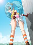  artist_request bakugan bakugan_battle_brawlers bent_over blue_hair blush fingerless_gloves frills from_behind from_below gloves green_eyes hair_ornament kneehighs long_hair looking_back miniskirt misaki_runo mountain open_mouth panties sidelocks skirt skirt_lift socks solo standing striped striped_legwear twintails underwear white_panties 