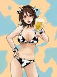  alcohol animal_ears animal_print bad_id bad_pixiv_id beer bikini bow bowtie breasts brown_eyes brown_hair cow_ears cow_girl cow_horns cow_print cup gundam gundam_00 hand_on_hip headband horns large_breasts mishima_ssuru mug navel solo sumeragi_lee_noriega swimsuit underboob wristband 