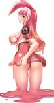 1girl :o animal_ears ass back bad_id bad_pixiv_id bangs blue_eyes blush breast_hold breasts bunny_ears covering covering_ass dress embarrassed from_behind goo_girl hands large_breasts long_hair looking_back melona monster_girl open_mouth pink_hair queen's_blade see-through shokuyou_mogura short_dress sideboob simple_background skirt skirt_tug slime solo wedgie 