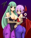  animal_print ass bare_shoulders bat_print bat_wings blush breasts cleavage demon_girl detached_sleeves elbow_gloves flat_chest gloves green_hair head_wings heart highleg highleg_leotard huge_ass kusonero large_breasts legs leotard lilith_aensland long_hair looking_back morrigan_aensland multiple_girls one-piece_thong panties pantyhose print_legwear purple_eyes purple_hair red_eyes red_leotard short_hair sideboob succubus thong_leotard underwear vampire_(game) wide_hips wings 