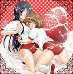  akiyama_mio blush buruma cake food fruit gym_uniform hirasawa_yui hug icing k-on! multiple_girls pastry sexually_suggestive strawberry uran_(uran-factory) 