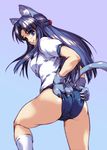  adjusting_buruma adjusting_clothes animal_ears asakura_ryouko ass blue_eyes blue_hair buruma cat_ears cat_paws cat_tail gym_uniform hisahiko long_hair looking_back paws socks solo suzumiya_haruhi_no_yuuutsu tail white_legwear 