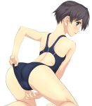  1girl absurdres adjusting_clothes adjusting_swimsuit ass black_eyes black_hair black_swimsuit blush cameltoe commentary_request competition_swimsuit crotch_seam feet_out_of_frame from_behind highres kneeling looking_at_viewer one-piece_swimsuit original short_hair simple_background solo swimsuit takafumi very_short_hair white_background 