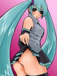  :o aqua_eyes aqua_hair ass bad_id bad_pixiv_id bare_shoulders black_legwear blue_nails blush breasts detached_sleeves fingernails from_behind from_below hair_ornament hatsune_miku kusonero large_breasts long_hair looking_back miniskirt nail_polish necktie panties pleated_skirt skirt skirt_lift solo standing thighhighs twintails underwear upskirt very_long_hair vocaloid 