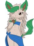  2018 5_fingers absurd_res alpha_channel anthro brown_eyes brown_nose chest_tuft clothed clothing dreameclipsewolf eeveelution eyebrows female fur gloves_(marking) hair hi_res leafeon long_hair markings midriff navel nintendo one_eye_closed pok&eacute;mon pok&eacute;mon_(species) pok&eacute;morph portrait simple_background skimpy smile solo tan_fur tan_hair three-quarter_portrait transparent_background tuft video_games wink 