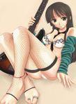  akiyama_mio anklet bangs barefoot bass_guitar black_eyes black_hair blunt_bangs bra detached_sleeves feet fishnets hime_cut instrument jewelry k-on! lingerie long_hair panties ring smile solo sugi_(shoufusha) toe_ring toeless_legwear toes underwear underwear_only 