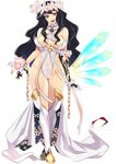  ban black_hair blood bloody_clothes breasts chain cleavage dress empty_eyes flower greek_mythology groin hera_(mythology) highleg large_breasts long_hair looking_at_viewer navel red_eyes revealing_clothes see-through smile thighhighs yujie_shenji 