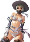  boots bra detached_sleeves green_eyes green_hair grey_bra grey_panties hat lingerie mask monster_hunter navel panties rian_(armor) solo standing striped striped_bra striped_panties thigh_boots thighhighs underwear underwear_only v-mag 