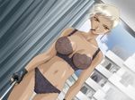  artist_request assassin_ann bra breasts cigarette dark_skin dutch_angle game_cg gloves knife large_breasts lingerie panties see-through silver_hair smoking solo underwear underwear_only 