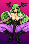  animal_print bare_shoulders bat_print bat_wings boots breasts cleavage demon_girl detached_sleeves elbow_gloves eyelashes gloves green_eyes green_hair head_wings high_heels kusonero large_breasts leotard lips long_hair morrigan_aensland pantyhose print_legwear purple_wings shoes solo spread_legs succubus vampire_(game) wings 