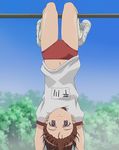  brown_eyes brown_hair buruma gym_uniform hanging hirakawa_natsumi horizontal_bar kyou_no_go_no_ni name_tag navel screencap solo upside-down 