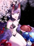  1girl black_background bob_cut breasts cherry_blossoms cup eyeliner eyeshadow fate/grand_order fate_(series) flower gourd hakka_(88hk88) headpiece highres horns japanese_clothes kimono makeup off_shoulder oni oni_horns open_clothes open_kimono purple_eyes purple_hair purple_kimono red_flower revealing_clothes sakazuki seiza short_eyebrows short_hair shuten_douji_(fate/grand_order) sitting small_breasts solo 