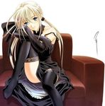  artist_request blonde_hair blue_eyes blush chair character_request dress gown long_hair sitting source_request thighhighs 