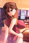  blush breasts brown_eyes brown_hair china_dress chinese_clothes dress from_behind hand_on_hip huge_breasts impossible_clothes impossible_dress kantori looking_back lowres short_hair smile solo window 