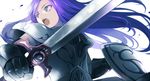  armor copyright_request green_eyes knight long_hair medieval purple_hair ryou_(kimagure) shield solo sword weapon 