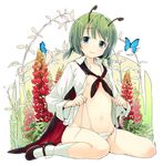  alternate_hairstyle antennae blush bug buriki butterfly cape flat_chest floral_background green_eyes green_hair insect mary_janes navel nipples no_pants open_clothes open_shirt panties shirt shoes short_hair side-tie_panties sitting socks solo touhou twintails underwear undressing untied wariza wriggle_nightbug 