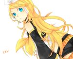  :o alternate_hairstyle blonde_hair blue_eyes blush detached_sleeves kagamine_rin long_hair looking_back miyake_achi solo vocaloid 