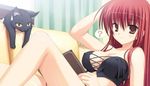  blush breasts cat cleavage couch empty_x_embryo hand_on_head kifune_mio kobuichi long_hair red_eyes red_hair thighhighs 