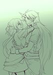  bad_id bad_pixiv_id gradient gradient_background green green_background horn hoshiguma_yuugi hug long_hair mizuhashi_parsee monochrome multiple_girls rex_k touhou 