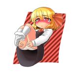  blonde_hair blush child dress embarrassed feet hair_ribbon highres kato_(mogumoguokome) panties red_eyes ribbon rumia short_hair socks solo tears touhou underwear upskirt white_panties 