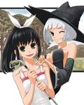  bad_id bad_pixiv_id bare_shoulders black_hair bob_cut breasts cadie detached_sleeves golf_club green_eyes hana_(pangya) hat medium_breasts multiple_girls one_eye_closed pangya ponytail ribbon small_breasts smile white_hair witch witch_hat 